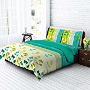  Tangerine Tangy Gold Cotton Bedsheet with 2 Pillow Covers - King XL, White and Green 